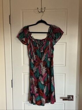 Vero Moda Tropical Leaf Mini Dress - Green, Pink & Brown